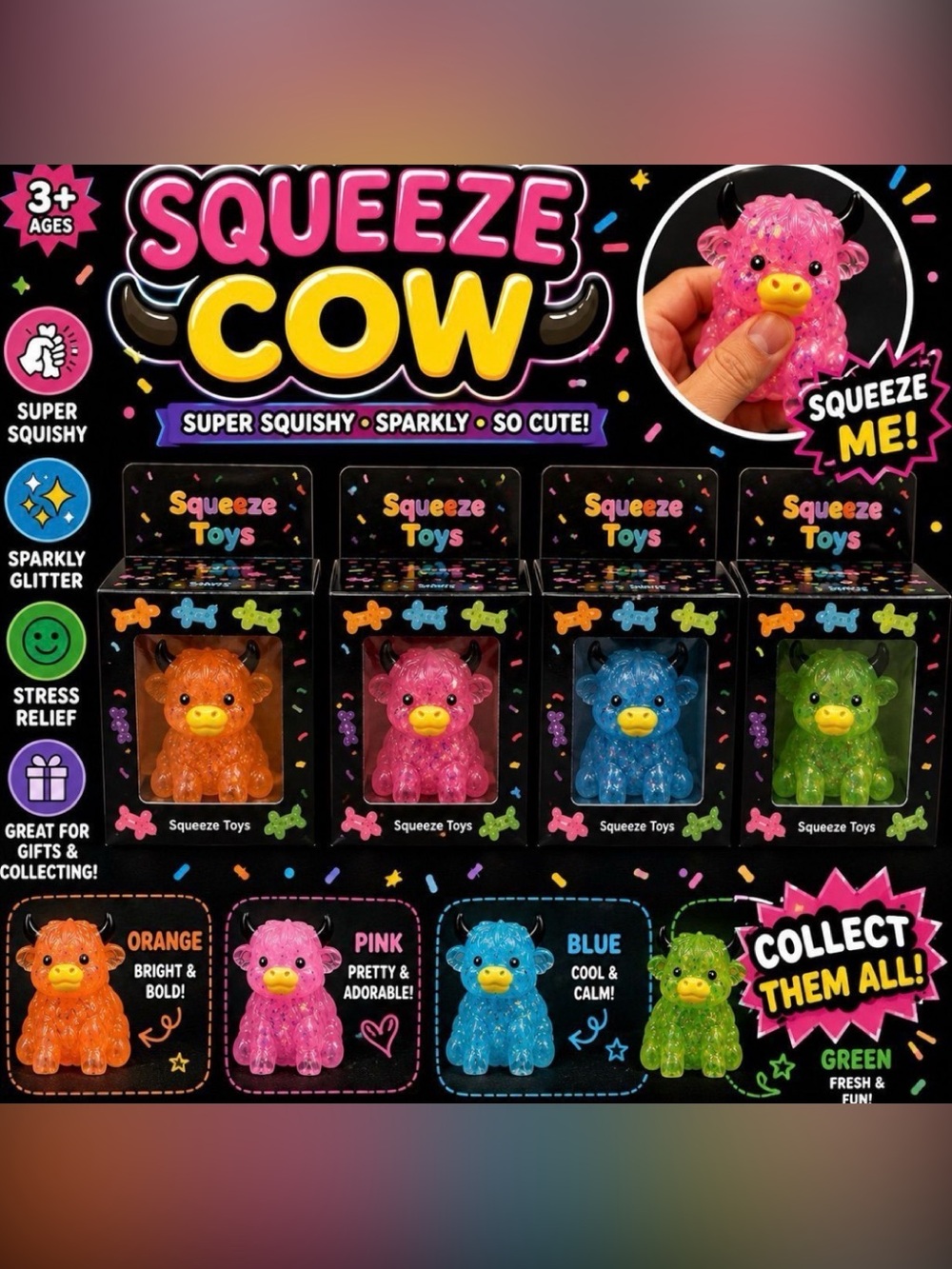 Sparkly Highland Cow Super Squishy Toy